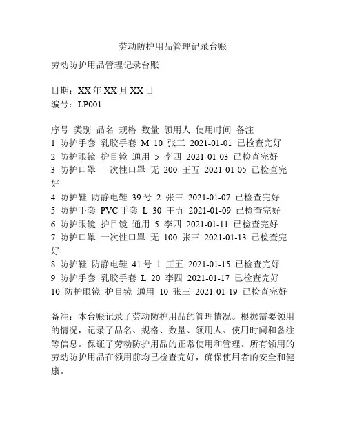 劳动防护用品管理记录台账