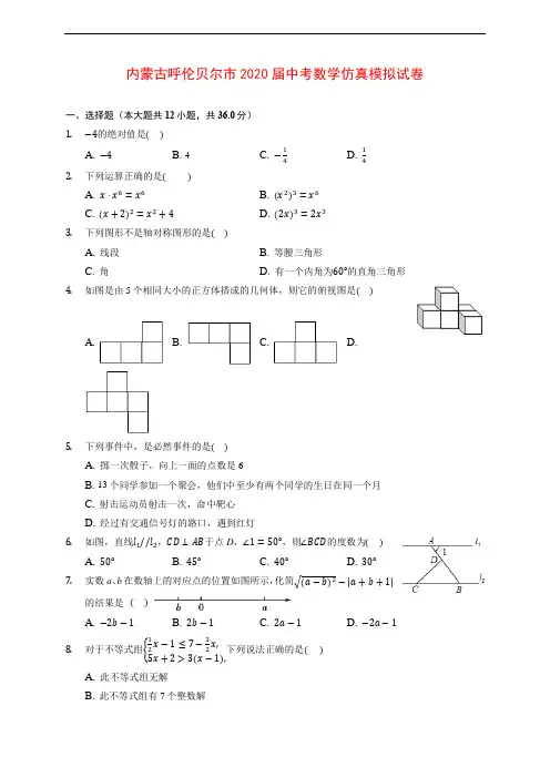 内蒙古呼伦贝尔市2020届中考数学仿真模拟试卷 (含解析)