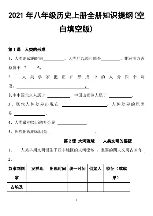 2021年八年级历史上册全册知识提纲(空白填空版)