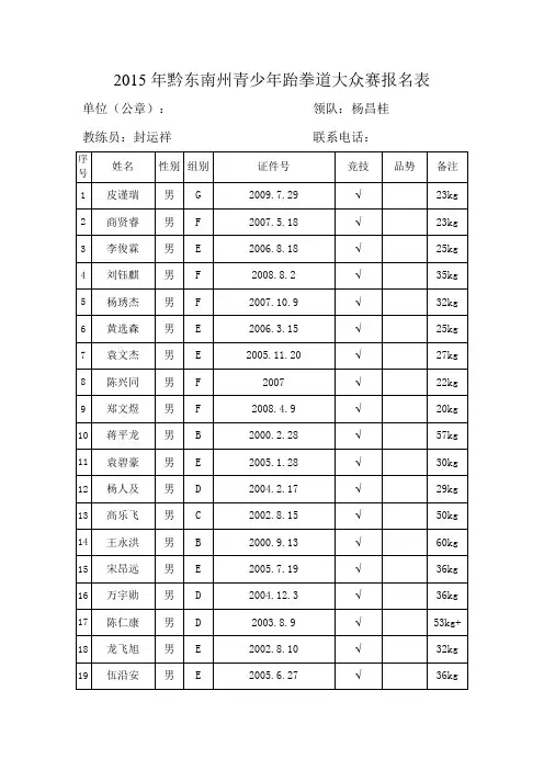 跆拳道报名表
