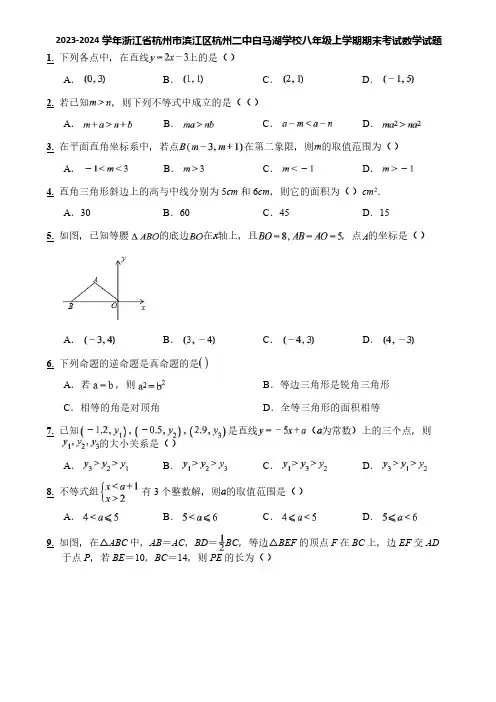 2023-2024学年浙江省杭州市滨江区杭州二中白马湖学校八年级上学期期末考试数学试题