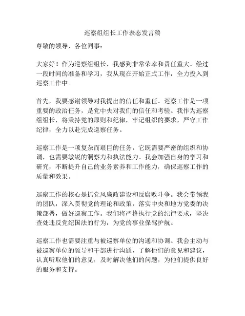 巡察组组长工作表态发言稿