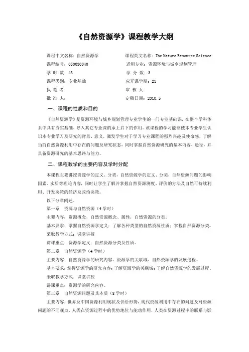 自然资源学课程教学大纲1