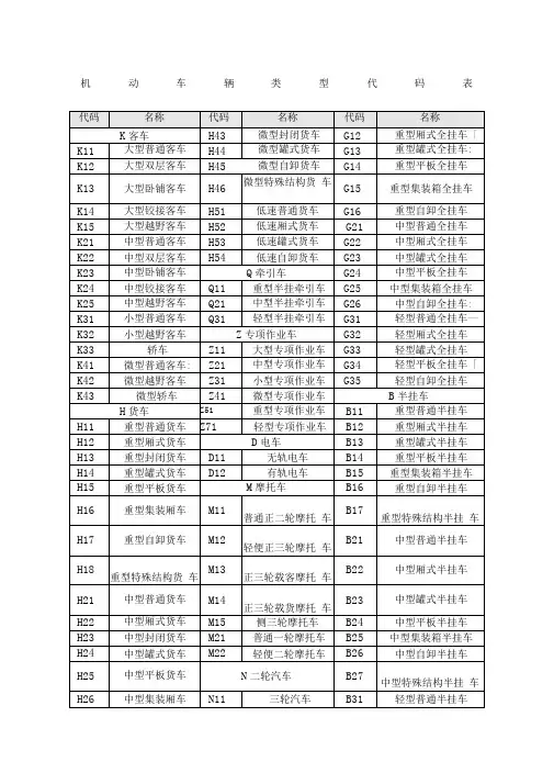 机动车辆类型代码表手册