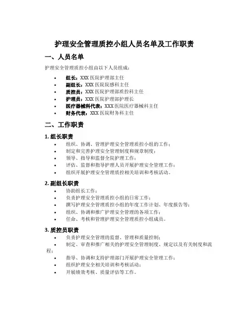 护理安全管理质控小组人员名单及工作职责