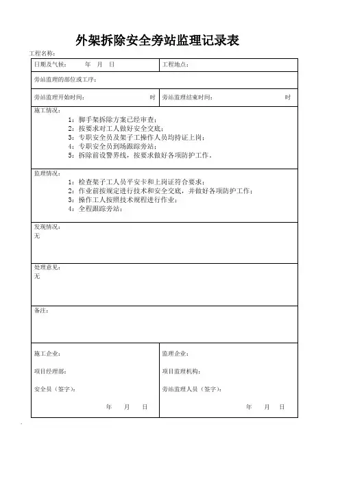 外架拆除安全旁站监理记录表