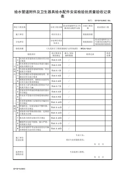 给水管道附件及卫生器具给水配件安装检验批质量验收记录表