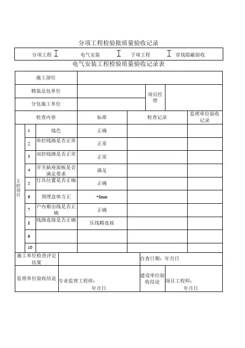 电气安装工程预埋隐蔽质量验收记录