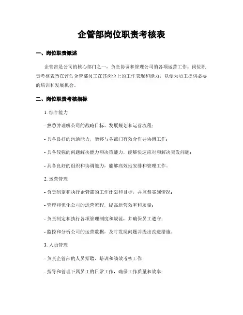 企管部岗位职责考核表