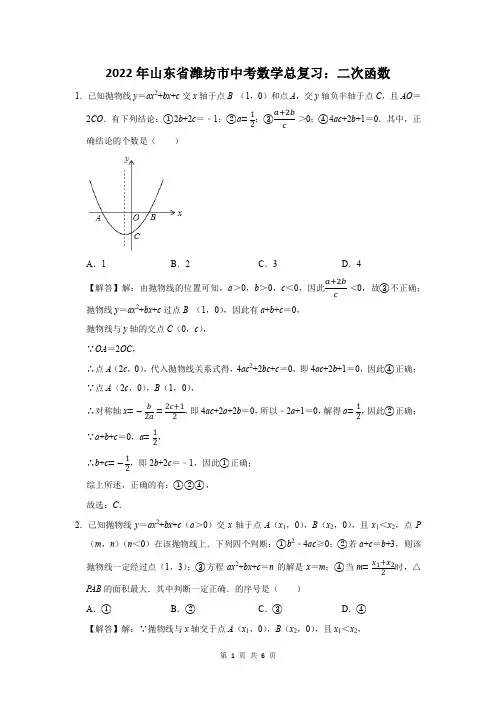2022年山东省潍坊市中考数学总复习：二次函数