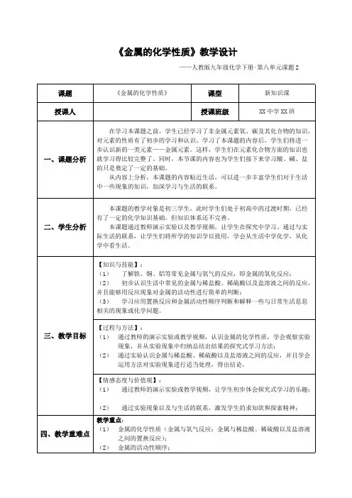 (完整版)人教版化学--金属的化学性质教学设计(教案)