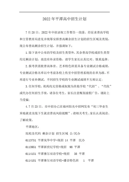 2022年平潭高中招生计划