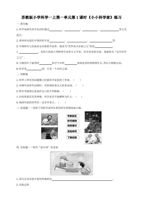 苏教版小学科学一年级上册同步练习试题及答案(全册)