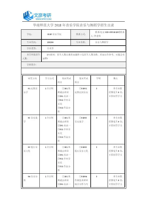 华南师范大学2018年音乐学院音乐与舞蹈学招生目录_华南师范大学考研网