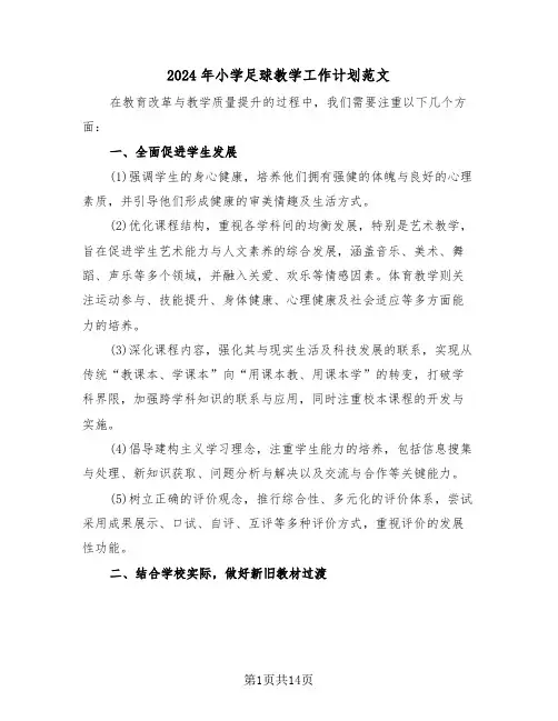 2024年小学足球教学工作计划范文(6篇)