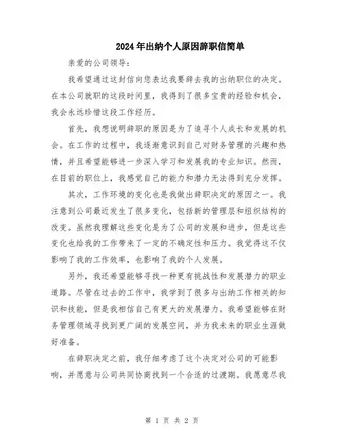 2024年出纳个人原因辞职信简单