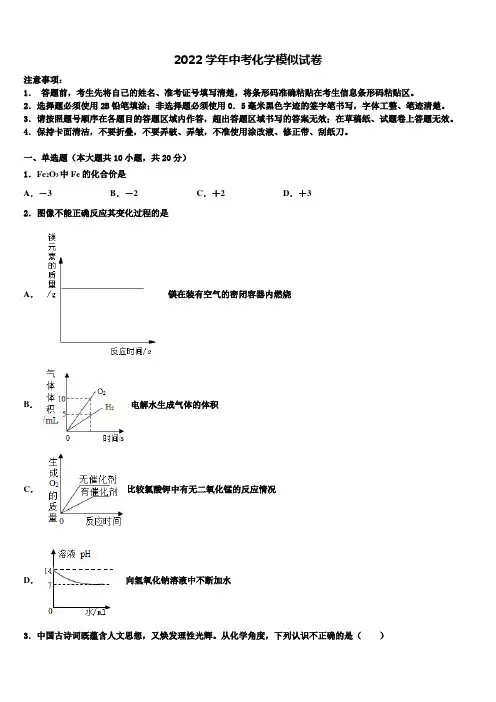 北京海淀人大附2022学年中考化学适应性模拟试题(含解析)