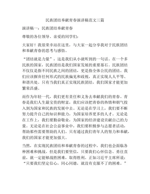 民族团结奉献青春演讲稿范文三篇