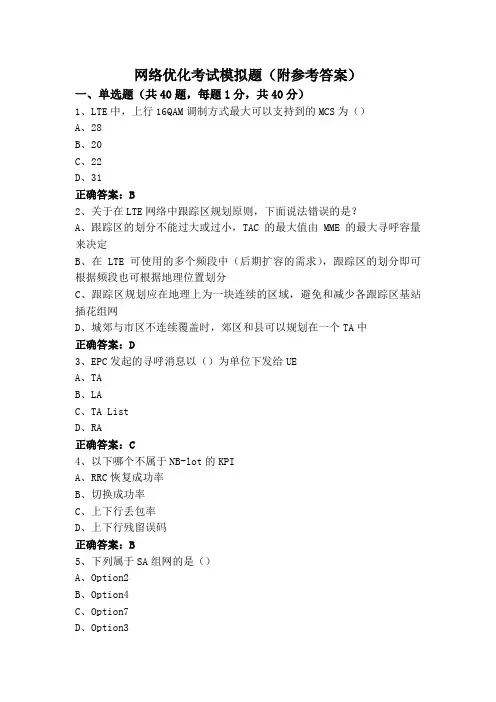 网络优化考试模拟题(附参考答案)