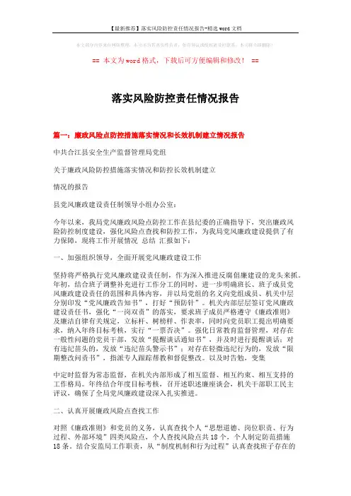 【最新推荐】落实风险防控责任情况报告-精选word文档 (6页)