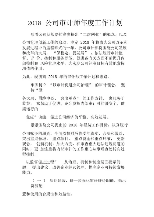 2018公司审计师年度工作计划