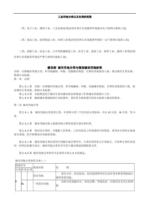工业用地分类以及各类的范围
