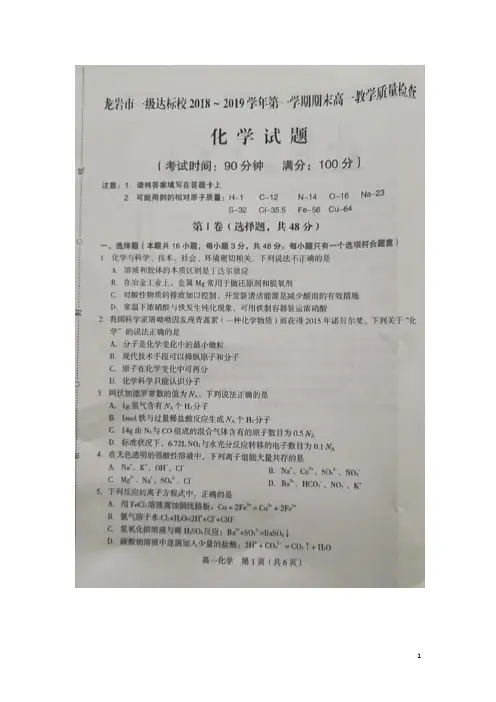 福建省龙岩市一级达标校2018-2019学年高一化学上学期期末教学质量检查试卷(含答案)