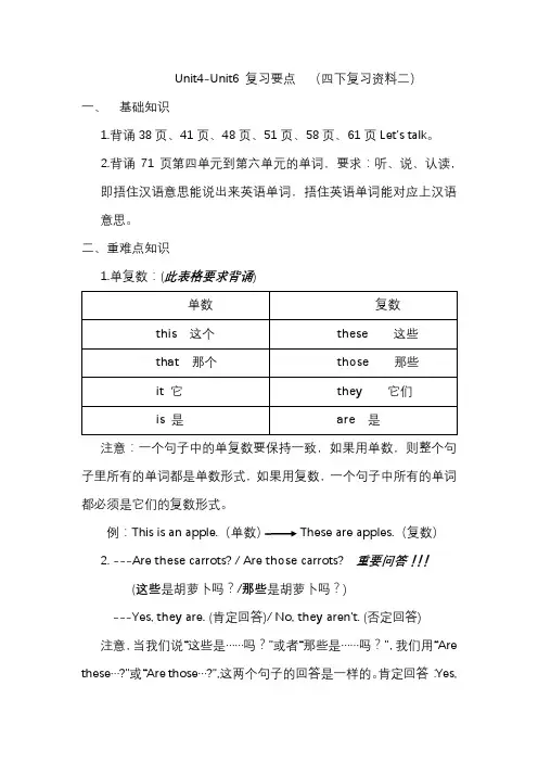 人教版四年级下册英语重点总结