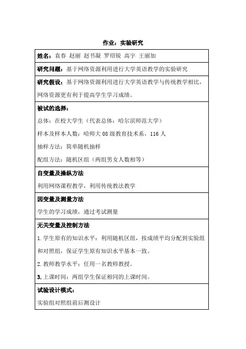 基于网络资源利用进行大学英语教学的实验研究