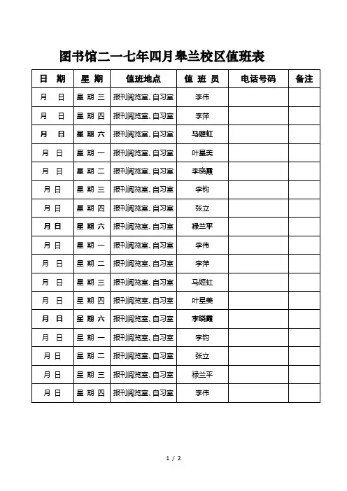 图书馆二O一七年四月皋兰校区值班表
