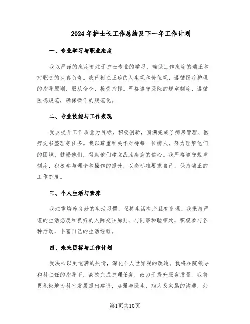 2024年护士长工作总结及下一年工作计划(5篇)