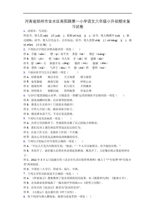 河南省郑州市金水区南阳路第一小学语文六年级小升初期末复习试卷