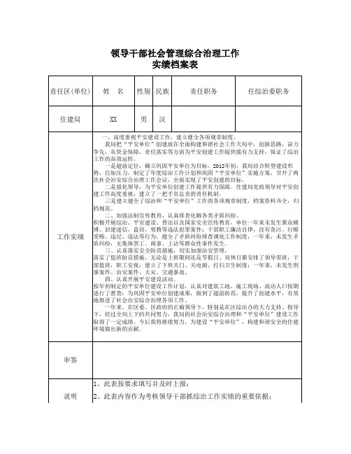 社会管理综合治理工作实绩档表