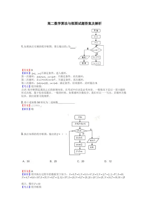 高二数学算法与框图试题答案及解析
