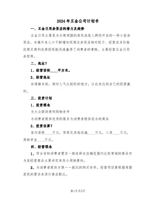 2024年五金公司计划书（二篇）
