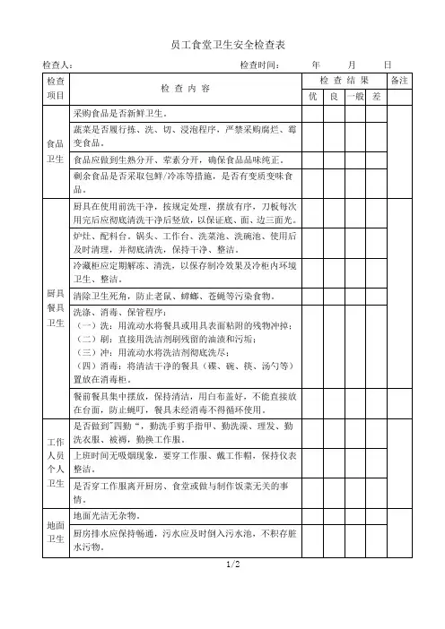 公司员工食堂卫生安全检查表