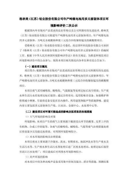 钴业股份有限公司年产30000吨锂电池用多元前驱体项目环