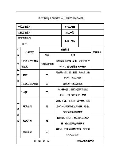 沥青混凝土路面单元工程质量评定表