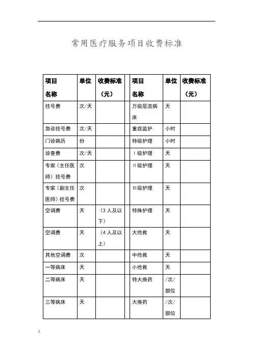常见医疗服务项目收费标准