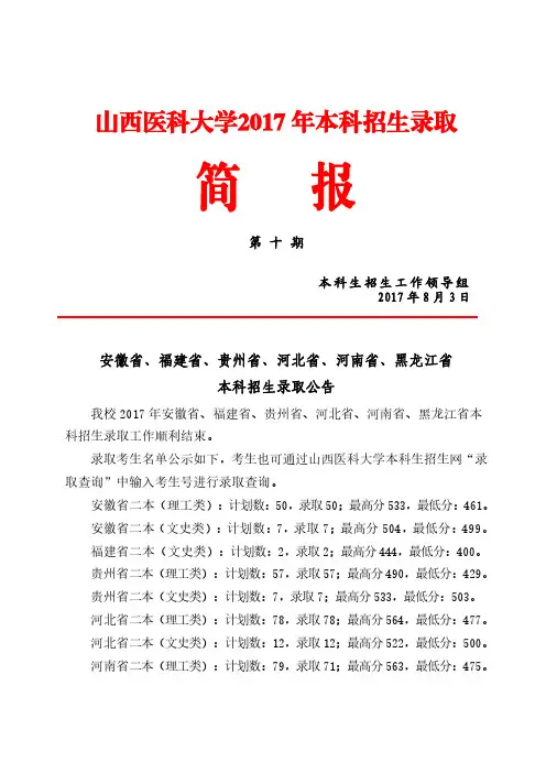 山西医科大学2017年本科招生录取