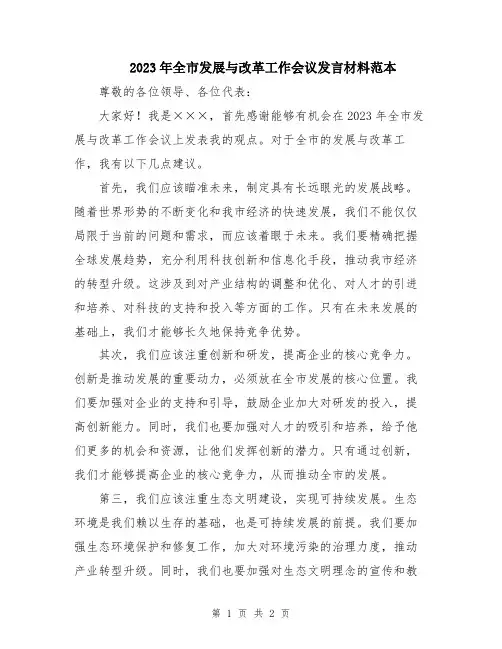 2023年全市发展与改革工作会议发言材料范本