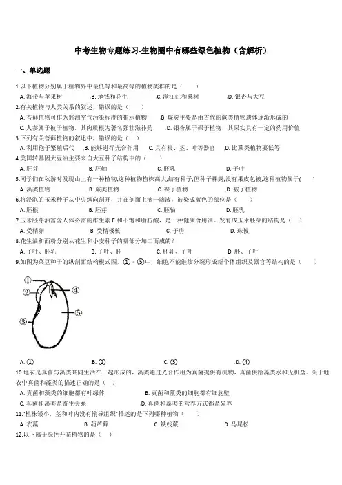 中考生物专题练习：生物圈中有哪些绿色植物(含答案)