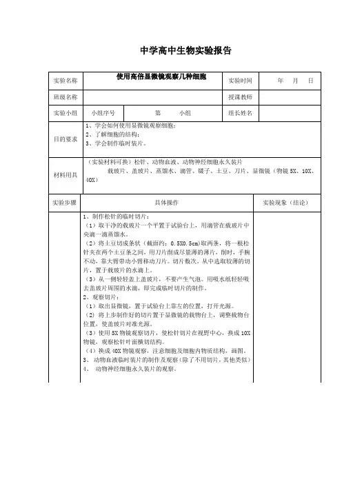 高中生物实验报告册
