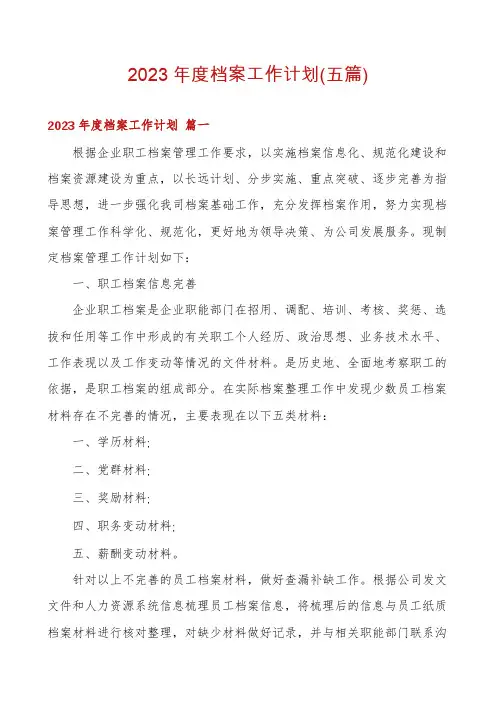 2023年度档案工作计划(五篇)