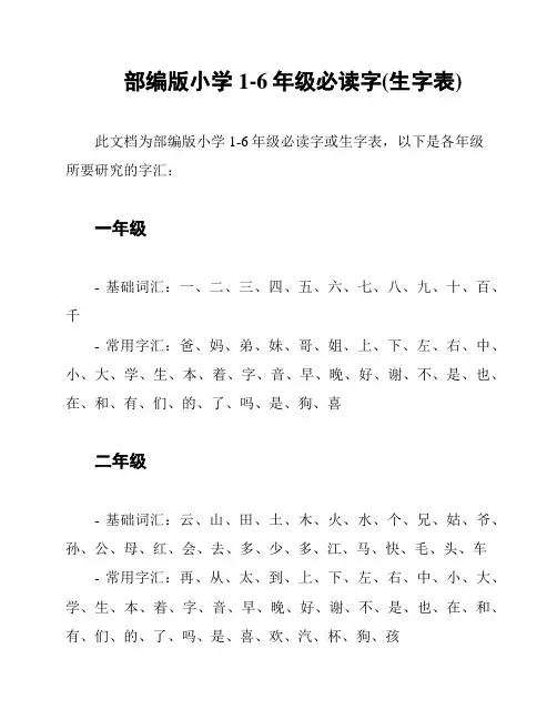 部编版小学1-6年级必读字(生字表)
