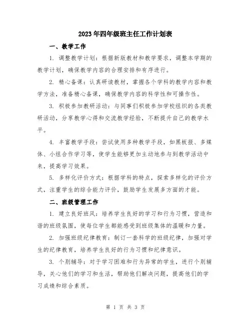 2023年四年级班主任工作计划表