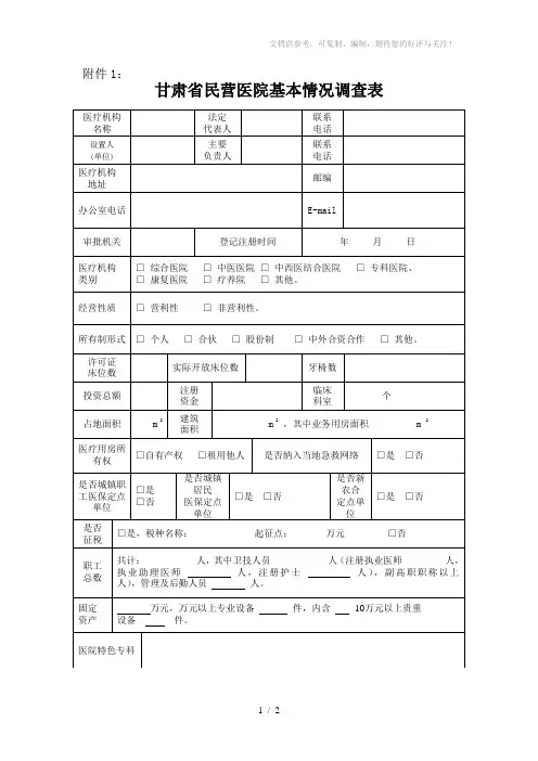 甘肃省民营医院基本情况调查表