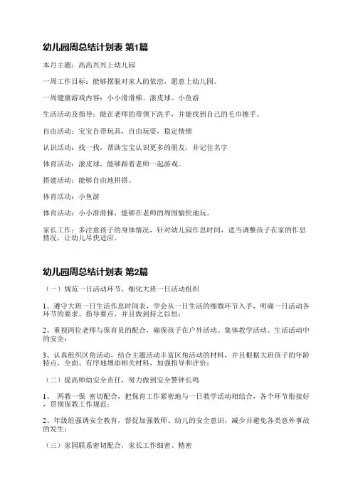 幼儿园周总结计划表(合集10篇)