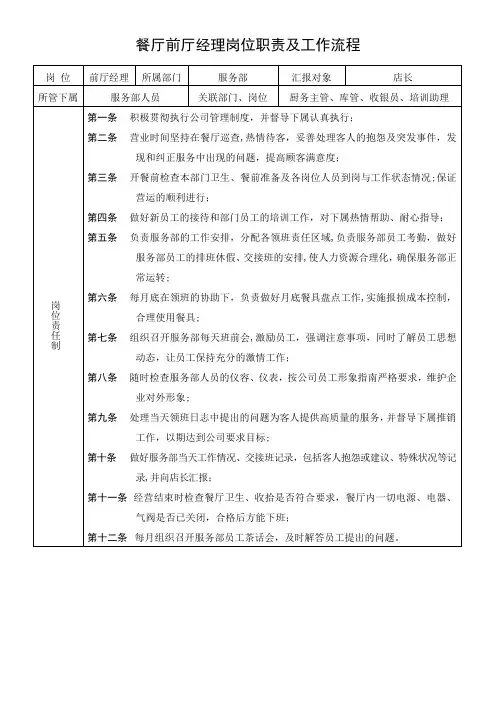 餐厅前厅经理岗位职责及工作流程