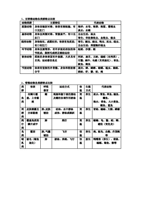 动物各类群特点比较